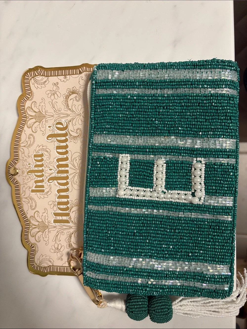 Handmade Teal Beaded Evening Clutch with Pearl Accent
